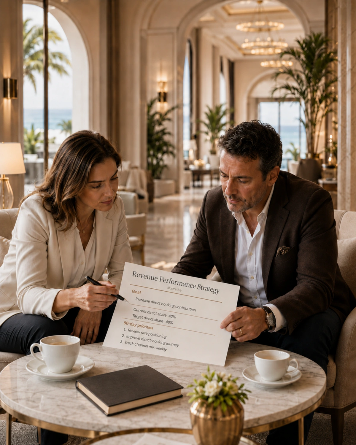 A RevROI strategist and hotel owner reviewing an illustrative revenue performance strategy one-pager over coffee