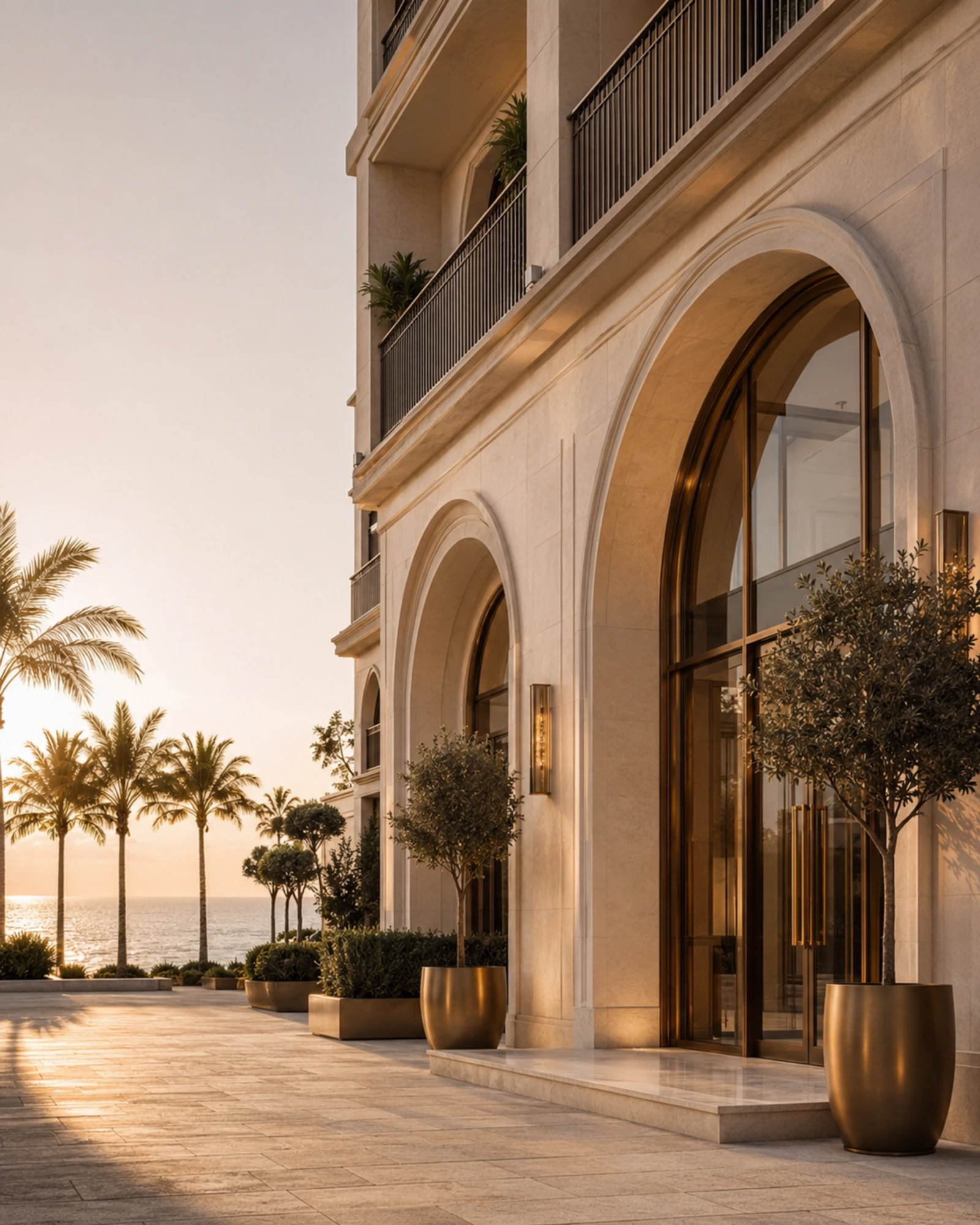 The entrance of an independent coastal hotel at golden hour, representing the illustrative worked-example property