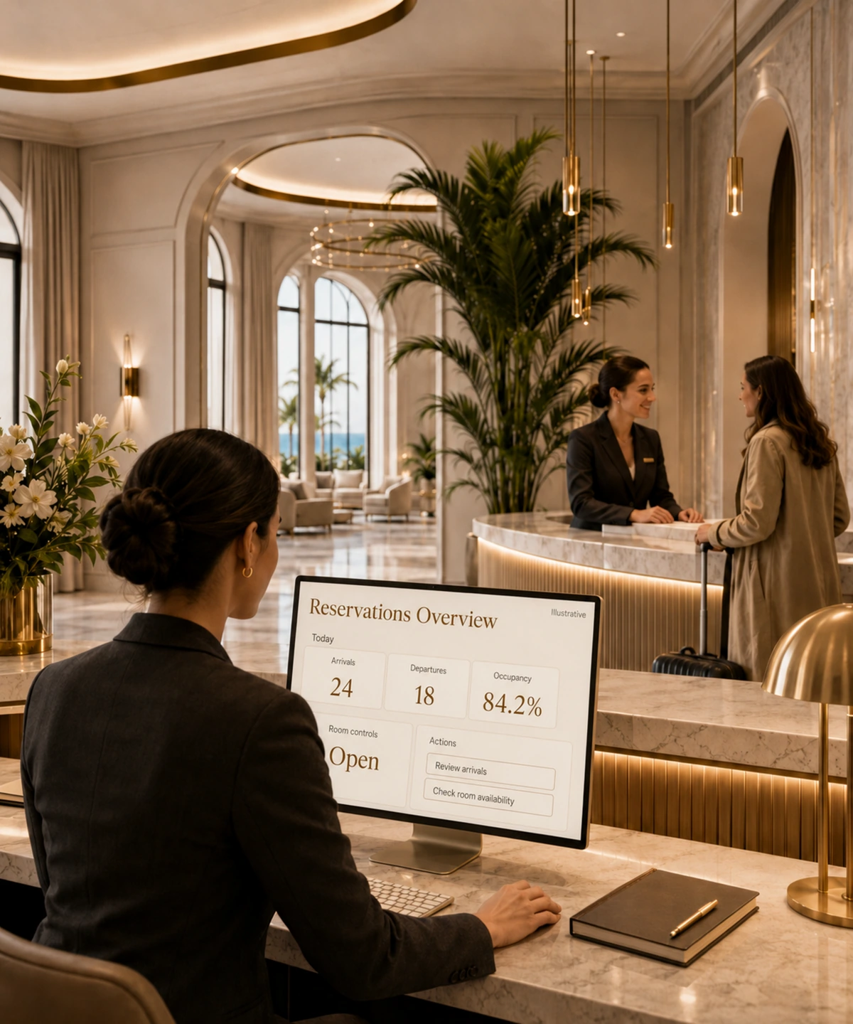 A reservationist working at an illustrative reservations overview screen at a warm marble reception desk