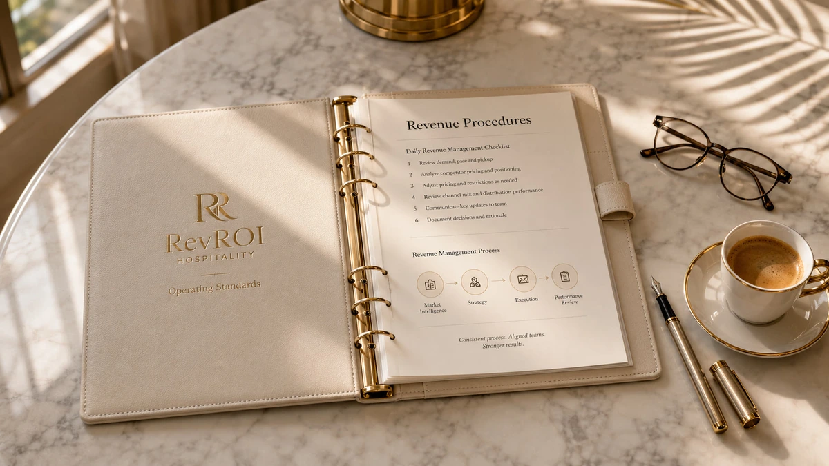 A RevROI operating-standards binder open to revenue procedures on a warm marble table